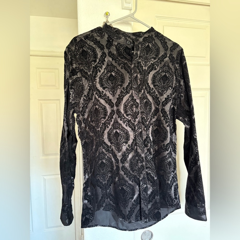INC International Concepts Black Damask Blouse